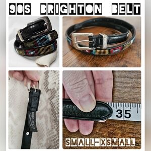 90s Brighton Black Belt with Multicolor Beaded Accents Silver Buckle Skinny Smal